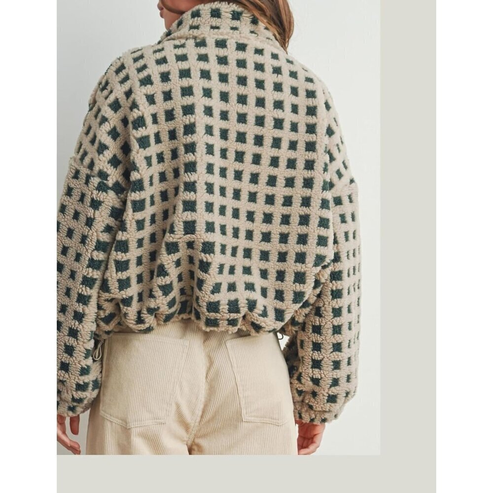 🆕Women's green Cropped Sherpa Fleece Plaid Jacket Chunky Outerwear - Picture 3 of 7
